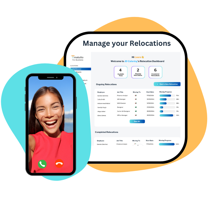 Screenshot of the Matutto for Business Relocations Dashboard accompanied by a photo of a smiling expat doing a video call